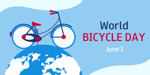 World Bicycle Day. June 3. Car free day. Blue horizontal background.
