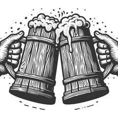 two hands toasting with overflowing beer mugs, a classic celebration and friendship moment sketch engraving generative ai raster illustration. Scratch board imitation. Black and white image. - obrazy, fototapety, plakaty