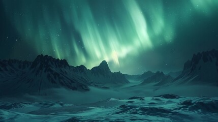 The aurora borealis illuminates the snowy mountain range under the night sky