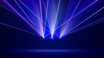 Laser light show. Bright led laser beams, dj light party. Illuminated blue stage, led strobe lights. Background, backdrop for displaying products. Vector illustration