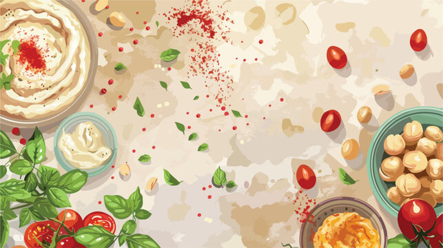 Composition with tasty hummus and ingredients on color