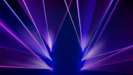 Laser light show. Bright led laser beams, dj light party, led strobe lights. Illuminated blue pink stage. Stage lighting effect. Background, backdrop for displaying products. Vector illustration