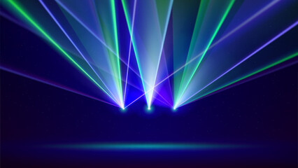 Laser light show. Bright led laser beams, dj light party. Illuminated blue green stage, led strobe lights. Background, backdrop for displaying products. Vector illustration
