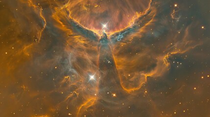 Stunning phoenix-like nebula lights up the cosmic landscape in vibrant orange and gold hues - obrazy, fototapety, plakaty