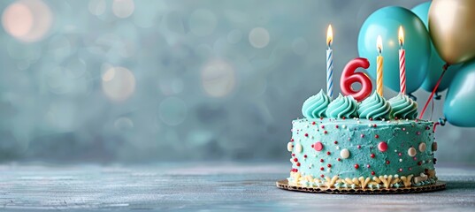 Celebratory cake with number six candle, balloons, party decor on blurred background for celebration