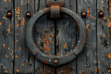 Detail of an old wooden door with a ring-shaped handle