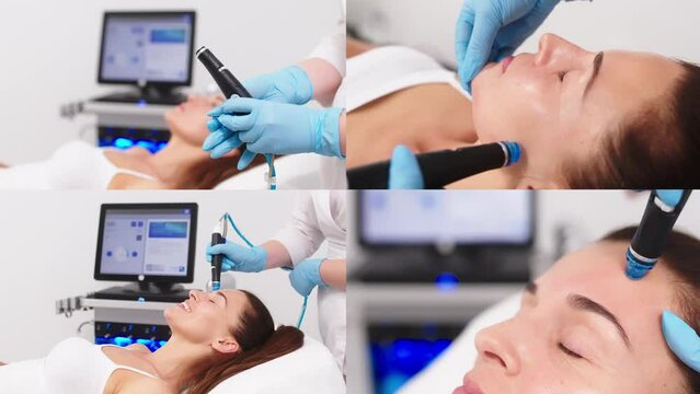 A middle-aged woman undergoes a facial treatment in a professional beauty salon. Close-up of a cosmetologist manipulating a hydropeeling device to cleanse and rejuvenate facial skin. Video collage