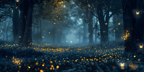 Fireflies twinkling in the darkness of a summer , Enchanting fireflies lighting up the night, Sparkling fireflies dancing in the night
 - obrazy, fototapety, plakaty
