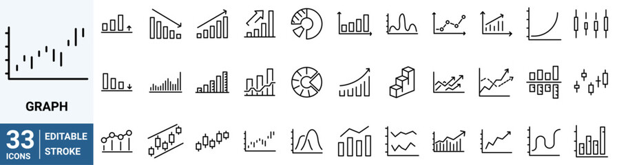 Graph and charts web line icons. data elements, bar and pie, diagrams for business infographics. visualization of data statistic and analytics. vector illustration