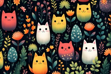 A delightful and colorful illustration featuring adorable cartoon cats mingled with a variety of cheerful flowers and leaves, ideal for fabric or nursery decoration. - obrazy, fototapety, plakaty