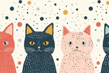 Artistic illustration of stylized cats in bold colors with a playful polka dot background, perfect for contemporary home decor and cat enthusiasts. - obrazy, fototapety, plakaty