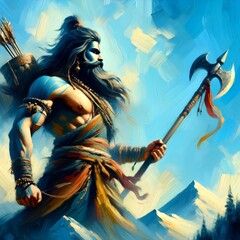 Illustration for parshuram jayanti with a lord parshuram holding an axe.
