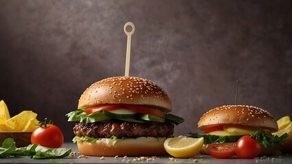 hamburger with fries Spring Euphoria: Burger Extravaganza - obrazy, fototapety, plakaty