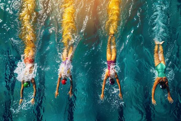 Competitive Swimmers in Action During a Pool Race - obrazy, fototapety, plakaty