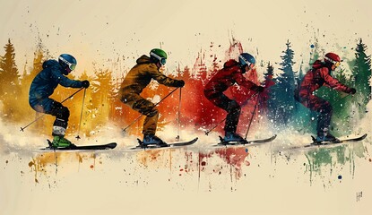 Dynamic Skiers on Paint Splatter Background - obrazy, fototapety, plakaty