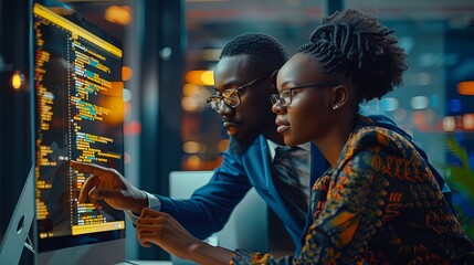 Two software testers african american young man and woman working in office with computer coding and pointing at monitor