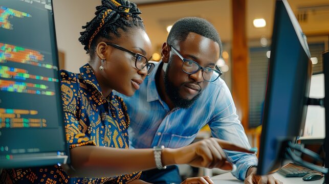 Two software testers african american young man and woman working in office with computer coding and pointing at monitor