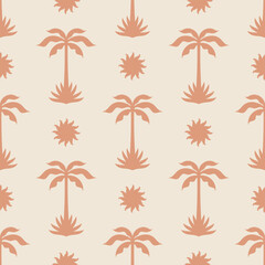 Palm tree vector seamless pattern. tropical summer background. Beach hand drawn simple boho repeat texture. Modern textile, print, wallpapers, wrapping paper. © Nadia