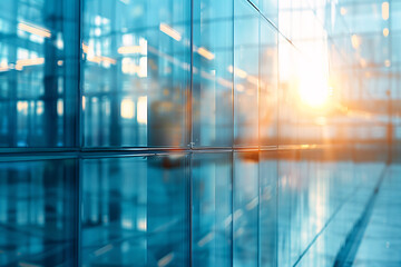 Modern office building with reflective glass facade during sunset
