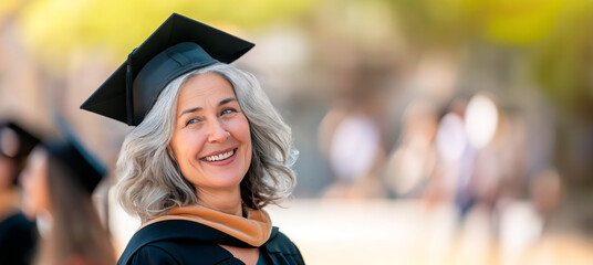 Beautiful smiling mature woman in graduation cap outdoors. Copy space. Concept of lifelong learning, adult education and graduation, achievement