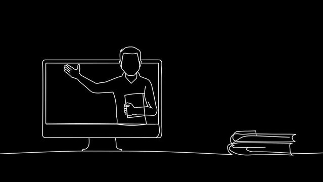 Online Digital Education Concept with Teacher on Computer Screen and Pile of Books on desk. Drawing one line animation in black background 