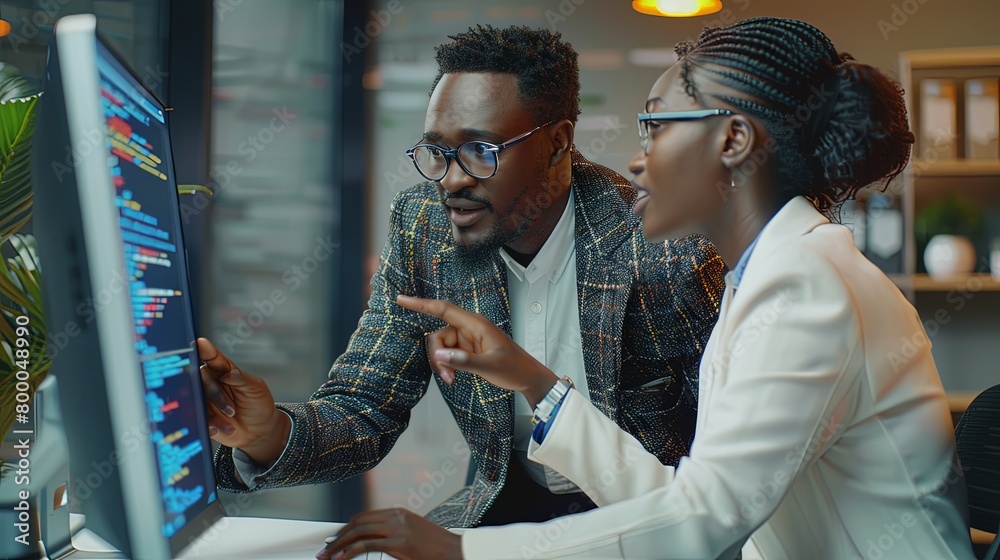 Wall mural black man and woman software developers working together writing code in office on computer sitting 