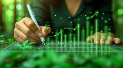 Hands draw a rising graph on a virtual interface above young plants, symbolizing growth and green investment - obrazy, fototapety, plakaty