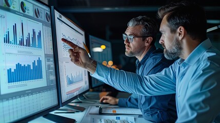 Two people data analysts men in office working together at laptop looking at chart poiting at monitor