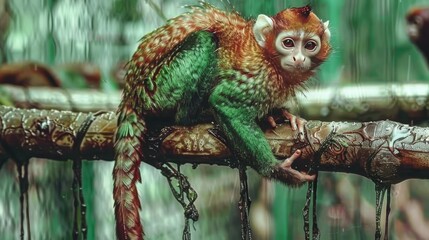 Digital art of a fantasy primate with green skin in a lush forest - obrazy, fototapety, plakaty