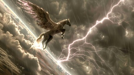 Majestic Pegasus soaring through a stormy sky filled with lightning and clouds - obrazy, fototapety, plakaty