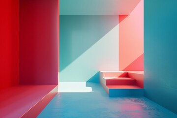 Abstract Red and Blue Geometric Room with Stairs
