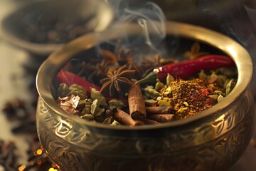 Vibrant Spice Arrangement in Brass Bowl with Wisps of Fragrant Smoke - Powered by Adobe