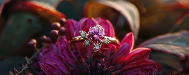 rings and jewels on flower petals, as a wedding concept - obrazy, fototapety, plakaty