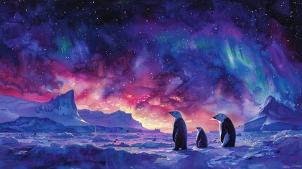 Watercolor polar landscape with bears under a vibrant aurora borealis - obrazy, fototapety, plakaty