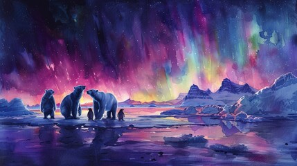Watercolor polar landscape with bears under a vibrant aurora borealis - obrazy, fototapety, plakaty