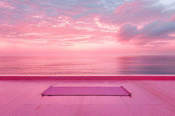Empty yoga mat on a vibrant pink platform by the ocean during sunset