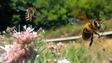 Vibrant wildflower meadow with bees and butterflies in sunny daylight - obrazy, fototapety, plakaty