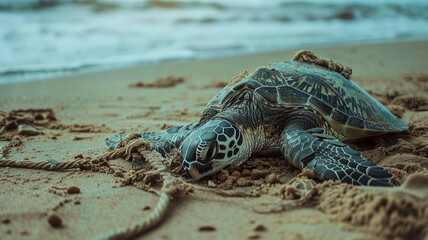 beautiful beach and blue sea polluted by waste plastic, dolphins and turtles in a polluted ocean conditions
