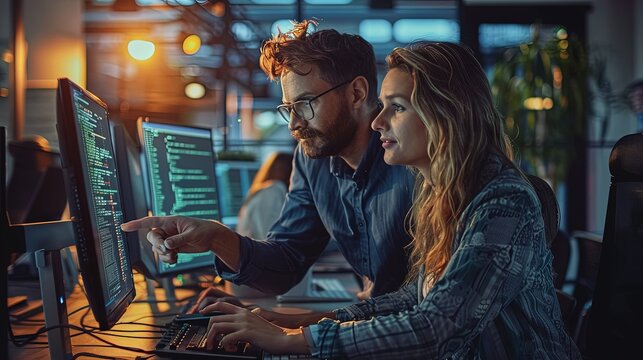 Two web developers man and woman working together in office looking at computer code on monitor