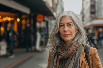 Fototapeta premium Portrait of a beautiful middle-aged woman with gray hair in the city.