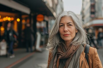 Portrait of a beautiful middle-aged woman with gray hair in the city.