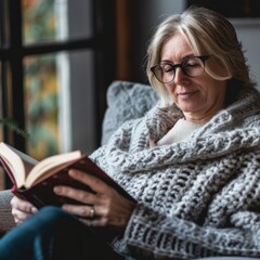 Senior woman reading a book on the couch