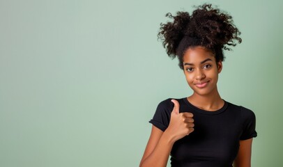 Smiling teen girl of African American ethnicity wear white casual clothes show thumb up like gesture isolated on green background.