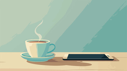 Cup of hot coffee and mobile phone on table Vector style