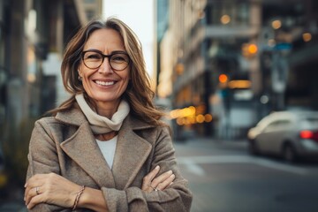 Smiling mature woman stands with folded arms in the city