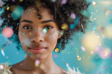 Close up studio portrait of beautiful young black woman with confetti against green background