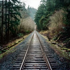 Obraz premium Winding Wooden Railway Tracks Through Serene Forested Landscape