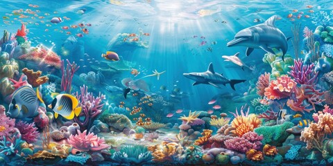 Fototapeta na wymiar An enchanting backdrop adorned with an underwater wonderland, featuring vibrant coral reefs and graceful sea creatures, adding depth and intrigue to the scene. 