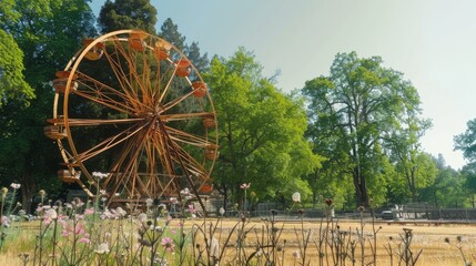 Rusted Ferris wheel surrounded by vibrant wildflowers in a lush forest setting
