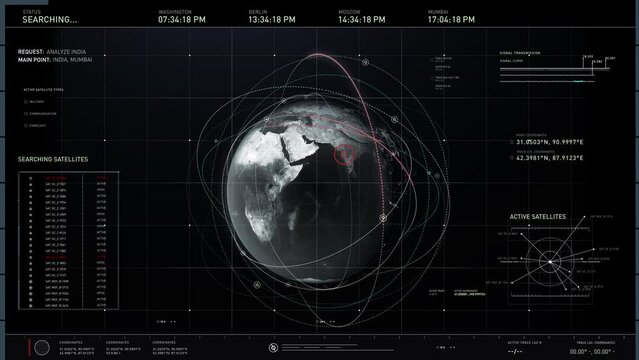 Interface of the data gathering software examining the planet earth. Interface of the system collecting data after earth analysis. Interface of the system processing satellite data on the earth map.